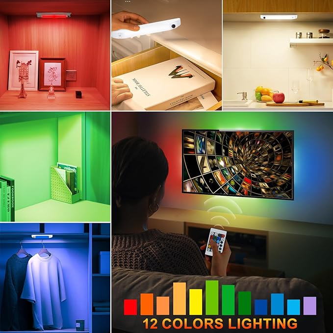 LUXSWAY LED Under Cabinet Light with Remote, Battery Operated Colors Changing Lighting with Timer, Dimmable Light Bar, LED RGB Closet Light for Kitchen, Cupboard, Display Shelf