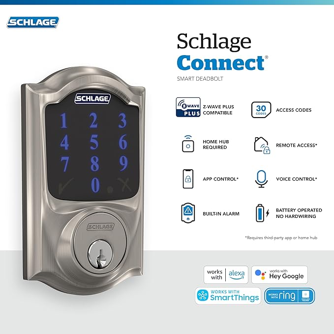 Schlage Connect Smart Deadbolt Lock with Touchscreen Keypad, Keyless Front Door Entry, Z-Wave Plus Compatible, Satin Nickel, BE469ZP CAM 619