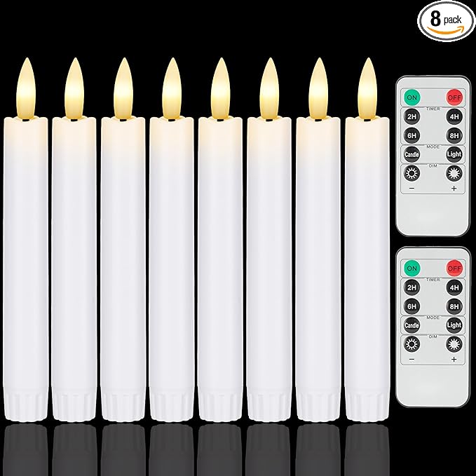 Battery Operated Flameless Taper Candles with Remote, 6.4 Inch White LED Candlesticks Flickering, Short Flameless Candles Decorative for Weeding Home Party Festival, 8 Pack