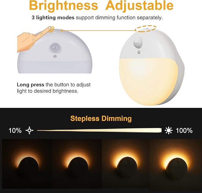 2 Pack Toliet Lights, 2.6" Small Motion Sensor Battery Night Light, Dimmable LED Nightlight, 3 Light Modes, Stick on Lights for Bathroom, Travel, Stairs, Cabinet, Bedroom, Kids, Warm Yellow