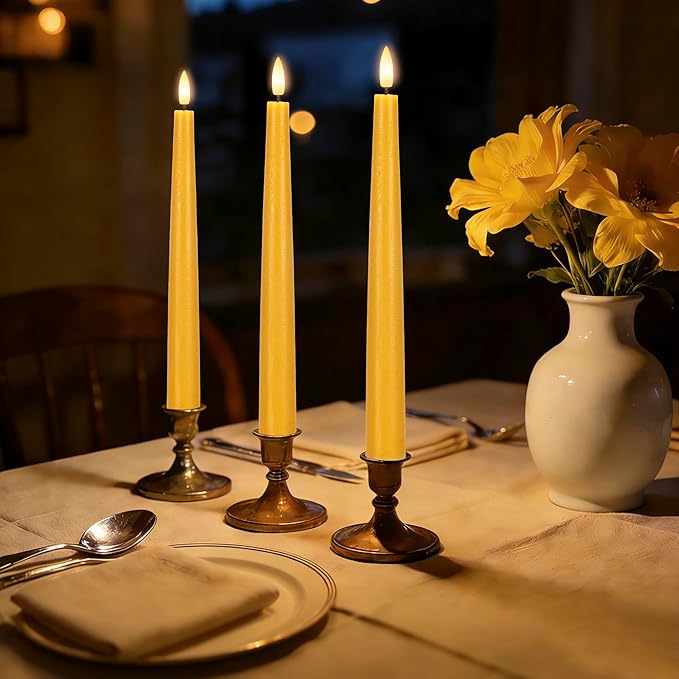 Yellow Flameless Taper Candles with Remote, 9.6 Inches Real Wax Battery Operated Candles, 3 Pack Flickering LED Candlesticks, Tall Taper Fake Candles for Home, Wedding, Party