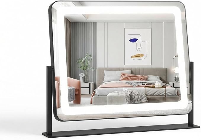 IDEALHOUSE Vanity Mirror with Lights, 20"x17" Lighted Makeup Mirror, LED Desk Mirorr with 360° Rotation, Dimmable 3 Modes, Smart Touch Control for Bedroom or Tabletop(Square,Black)