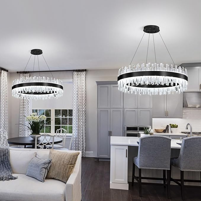 Glam Crystal Chandelier 20 Inch Ring Chandeliers with Remote Dimmable LED Light Adjustable Hanging Lights Luxury Ceiling Pendant Lighting Fixtures for Living Dining Bedroom Foyer Black Light