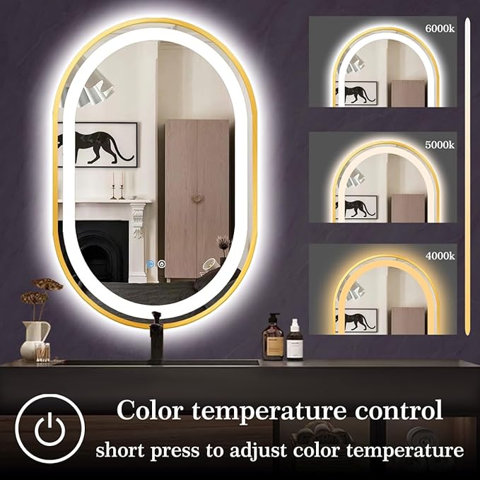 20 x 32 Inch Gold Oval LED Vanity Mirror with Lights Smart Memory 3 Color Dimmable Anti-Fog 32 Inch Gold Frame Oval Lighted Mirror for Bathroom Wall LED Ovals Mirror with Lights Golden Frame