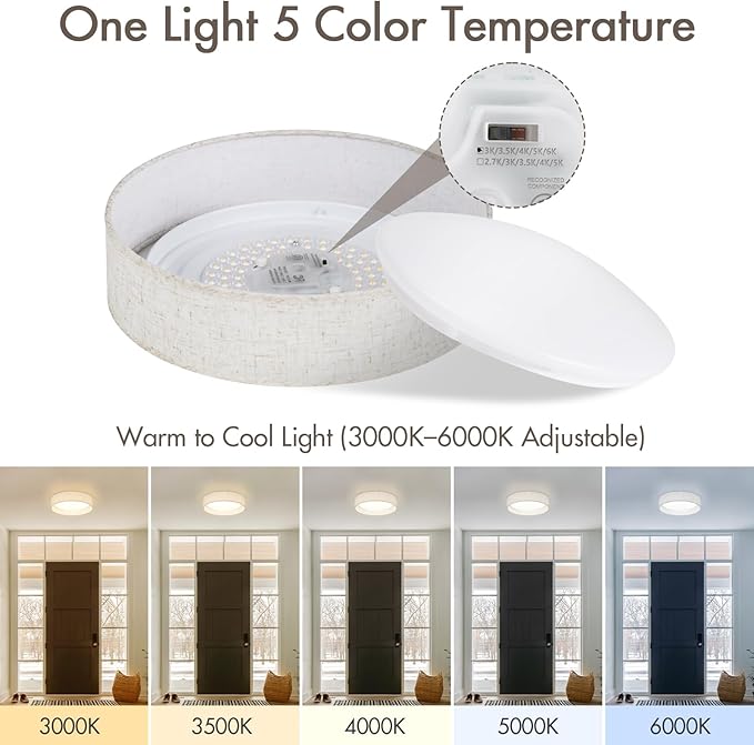 Modern Linen LED 13 Inch Ceiling Light Fixture with 24W 5CCT, Flush Mount Low Profile Room Lamp, Dimmable Minimalist Lighting for Bedroom, Kitchen, Hallway, Closet, Entryway