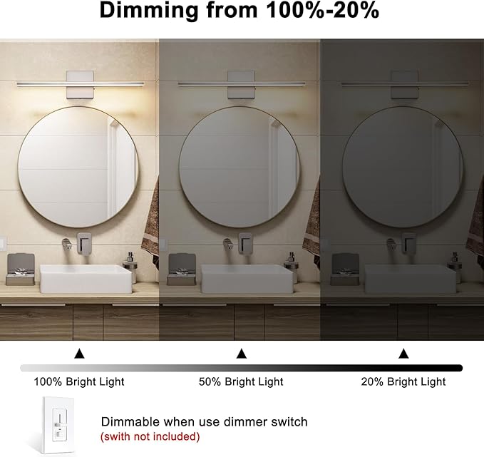 16W LED Vanity Light Bar, 19.6-Inch Brushed Nickel Bathroom Fixture, 5CCT Color Changeable & Dimmable Over-Mirror Lighting