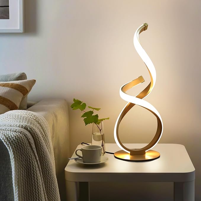 Bedside Table Lamp, LED Touch Dimmable Spiral Desk Lamp for Night Stands, 3 Color Temperature Modern Nightstand Light, Unique Side Light for Living Room, Bedroom, Gold