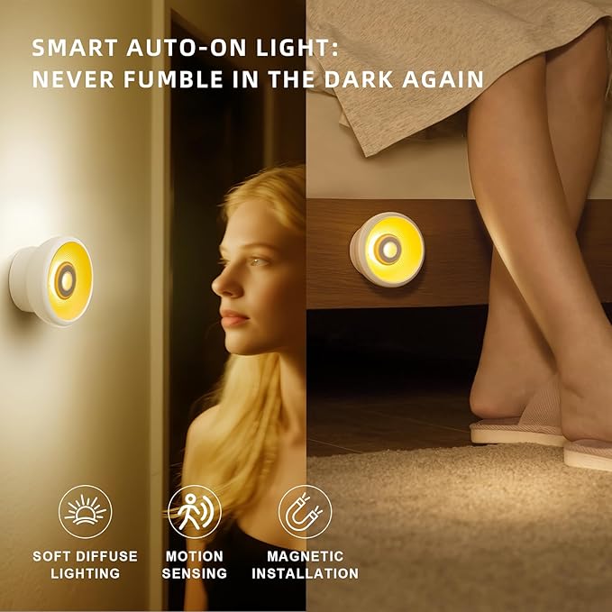 2 Pack Rechargeable Motion Sensor Light Indoor, Wireless Under Cabinet Lighting LED Lights for Bedroom/Bathroom/Kitchen/Stairs Home Decor (Warm Yellow Light)