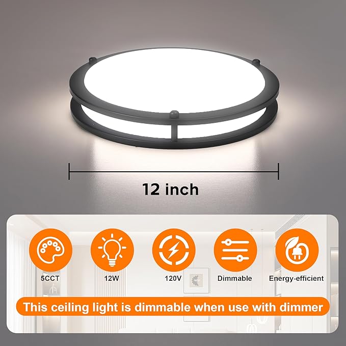 2 Pack 12 Inch Round Black Ceiling Light Fixture for Hallway Bedroom - 12” Black LED Flush Mount Ceiling Lamp Set of Two 2700K/3000K/3500K/4000K/5000K LED Kitchen Bathroom Light