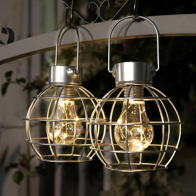 MUMTOP 2 Pack Solar Lanterns Outdoor Lights, Metal Solar Outdoor Lantern Waterproof Decorative Hanging Light for Yard Lawn Porch Garden Patio Pathway Decor, Grey