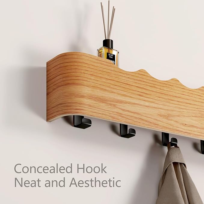 Coat Rack Wall Mount Entryway Organizer Modern Key Holder Wall Mount with Wooden Shelf Entryway Hooks for Bedroom Kitchen Hallway Bathroom for Hanging Coats Hats Dog Leashes Bags Towels