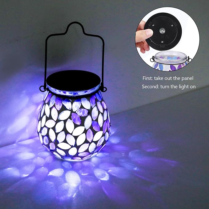 Bshine Mosaic Solar Lantern Outdoor Hanging Waterproof, Purple Mosaic Light Indoor Decorative Table, Garden Decor for Yard Outside, Path, Courtyard, Lawn, Birthday Gift for Mom Women Gardening