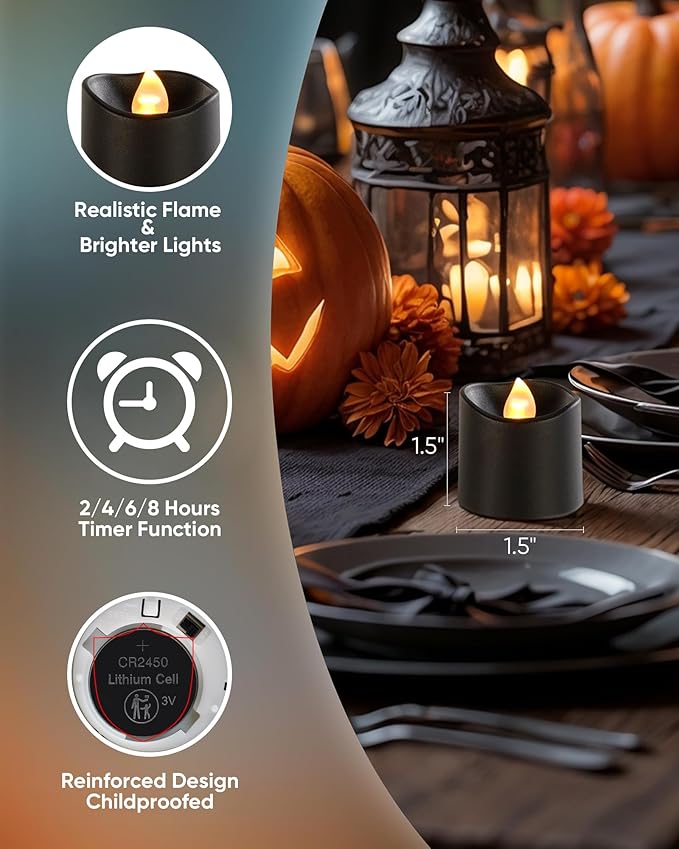Homemory 12Pack 400+Hour Remote Control Flameless Candles, 2/4/6/8H Timer Led Votive Candles, Battery Operated Tea Lights for Wedding Table Centerpiece, Holidays, Halloween Pumpkins-Black Base