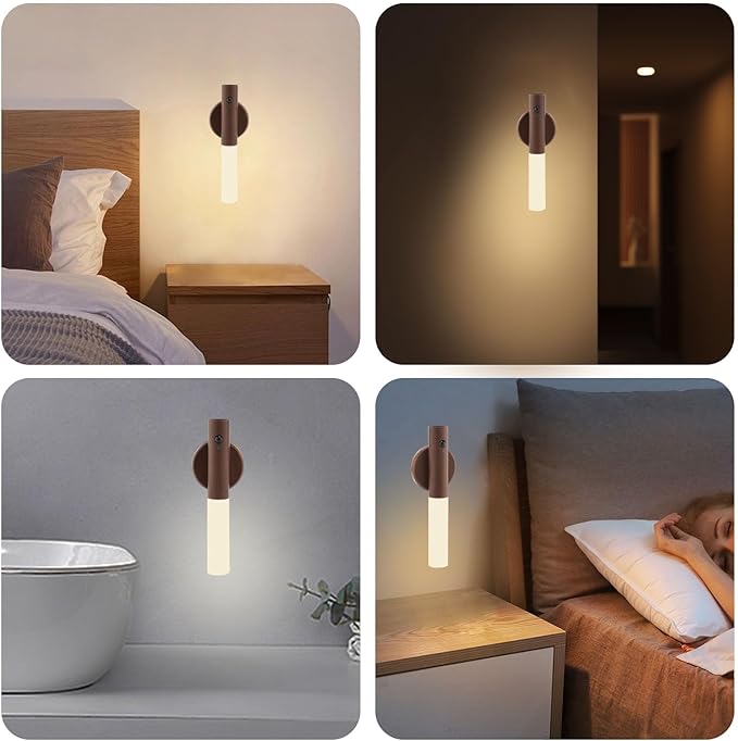 LANDGOO LED Magnetic Wall Sconces Lights Automatic Motion Sensor Wireless Wall Mounted Lamp Rechargeable Battery Operated Indoor 360° Rotation for Bedroom Living Room (Black Walnut Wood 1PC)