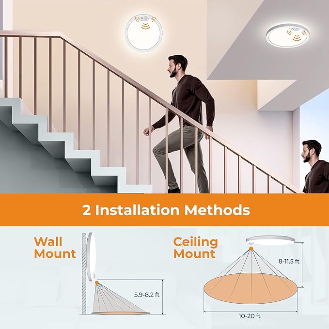 BLNAN Motion Sensor Ceiling Light Wired, 8.7 Inch 3000K 4000K 5000K Selectable LED Flush Mount Light Fixture, Motion Activated Light with Timer for Hallway Stair Walk-in Closet, Non-Dimmable 4 Pack
