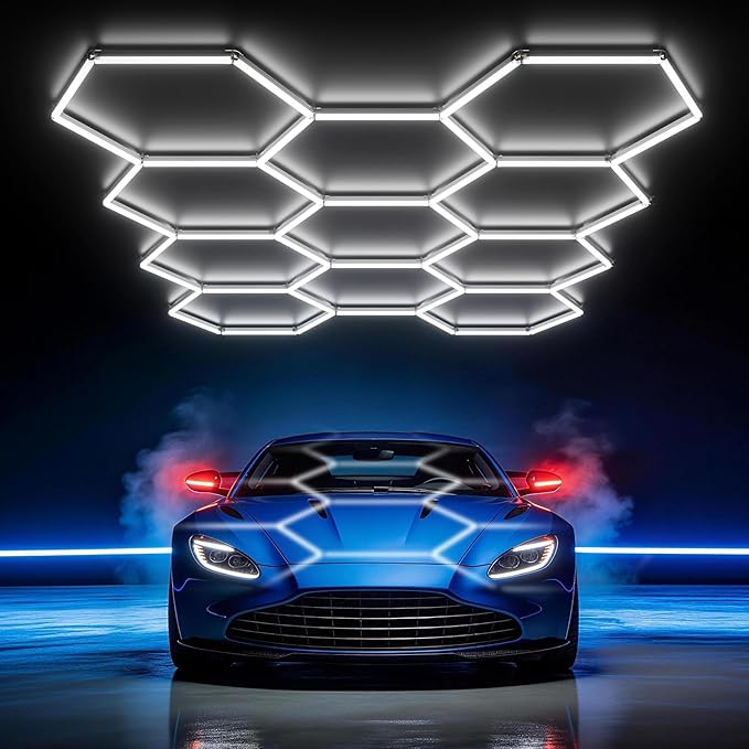 HYPERLITE Gen 2 Hexagon Garage Lights: 322W 32200LM 11 Grids Hexagon Led Light, 6500K Ultra Bright Honeycomb Hex Lights, Easy Install, Durable Design for Garage, Car Detailing, Workshops, Gym