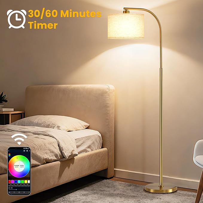 Floor Lamp for Living Room with Remote,Dimmable Tall Standing Lamps,Modern Gold Floor Light with Smart RGB Bulb,App Control,3 Color Temperatures,Fabric Shades,Floor Lamp for Bedroom Office Corner