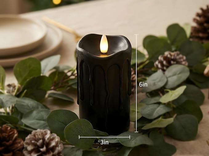 Black Flameless Pillar Candles Flickering with Remote Timer, Battery Operated LED Candles Up to 400 Hours, 3D Moving Flame Real Wax Candles(Black with Dripping Tear)