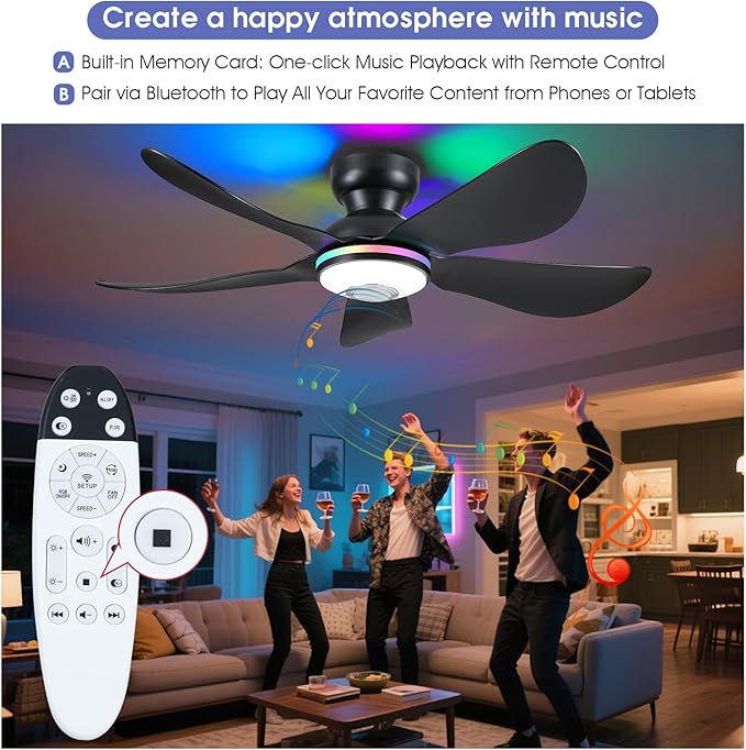 46" Ceiling Fans with RGB Lights Remote/APP Control, Low Profile, 3 CCT Dimmable White Lights+RGB Ring Lights+Music Player, 5 Reversible Plastic Blades 6 Speeds for Kidsroom, Black