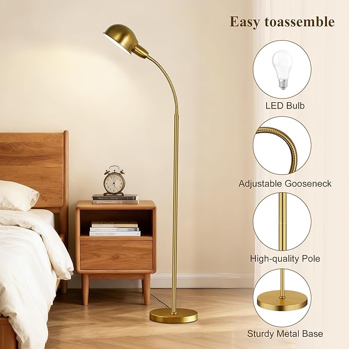 Floor Lamp for Living Room, 63" Standing Lamp with Adjustable Gooseneck, 3 Color Temperatures, Industrial Gold Floor Lamp Reading for Bedroom, Office, 9W LED Bulb