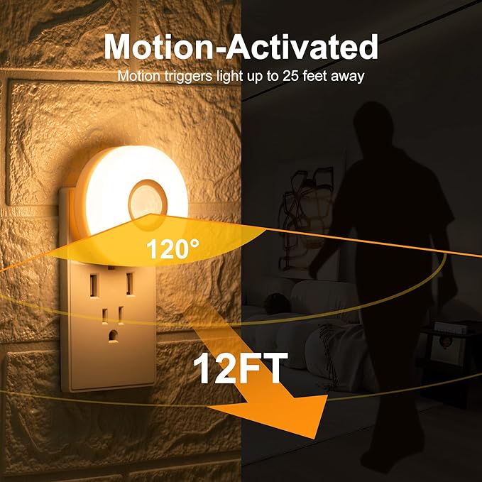 YELKO Night Light Plug in, 200LM Super Bright Plugin Nightlights, [4Pack] LED Motion Sensor Night Lights Plug Into Wall, Auto On/Off Smart Warm White Lights for Bathroom,Hallway,Stairs.