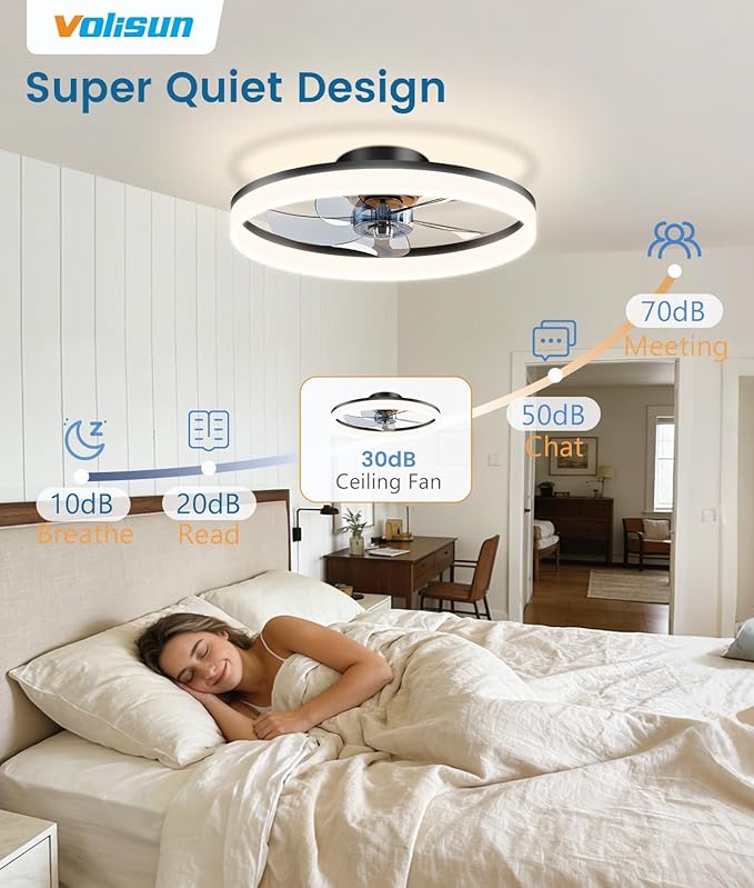 VOLISUN Low Profile Ceiling Fans with Lights and Remote, 20in Fandelier Ceiling Fan Flush Mount, 3000K-6500K Smart Bladeless LED Fan Light, Black Modern Ceiling Fans with Lights for Bedroom