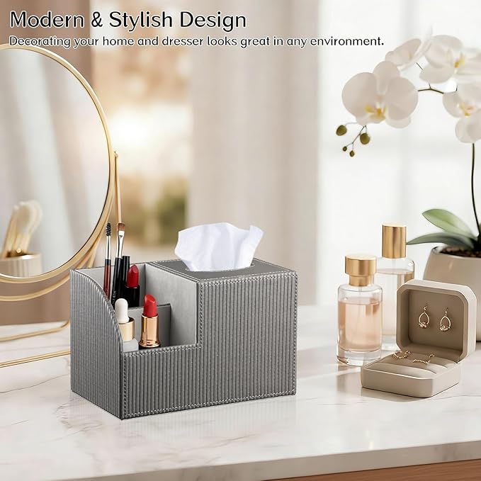 Fanousy Square Tissue Box Cover with Storage, PU Leather Cube Tissue Box Holder, Remote Control Nightstand Organizer, Modern Desk Caddy for End Table, Bathroom, Bedroom, Home, Office Decor(Grey)