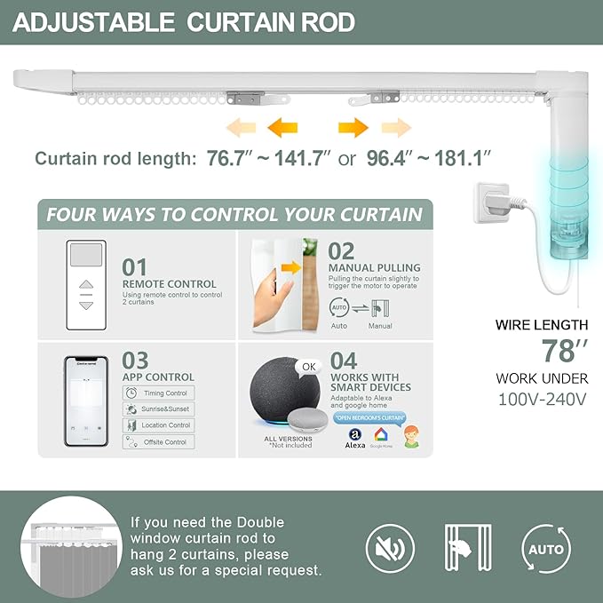 Yoolax Motorized Curtain Rod Compatible with Alexa Hardwired Smart Electric Drape Track System with Remote (88-157" W)
