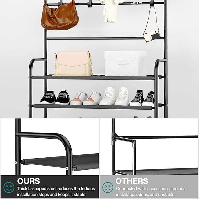 darsun 31.5" Hall Tree, Shoe Storage Bench with 4 Tiers & 8 Hooks, Multipurpose Coat Rack for Entryway, Hallway, Bedroom, Office, Space Saving Organizer