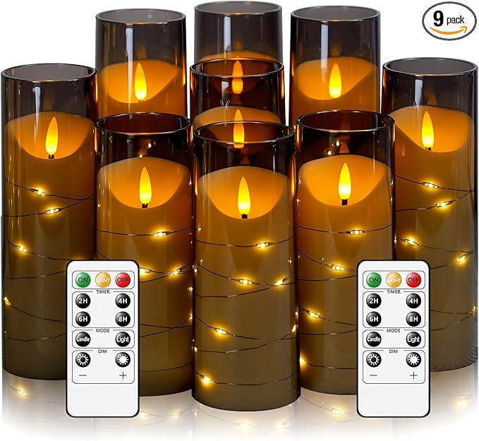 Flameless Candles with Embedded Star String, Battery Operated LED Pillar Candles with Timer and Remote Control,Home Decorating for Ambiance， Set of 9(Grey)