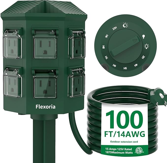 Outdoor Power Strip Timer Waterproof, Dusk to Dawn Light Sensor Countdown, 100FT Extension Cord, 6 Grounded Outlets for Graden and Yard Decorations, ETL Listed