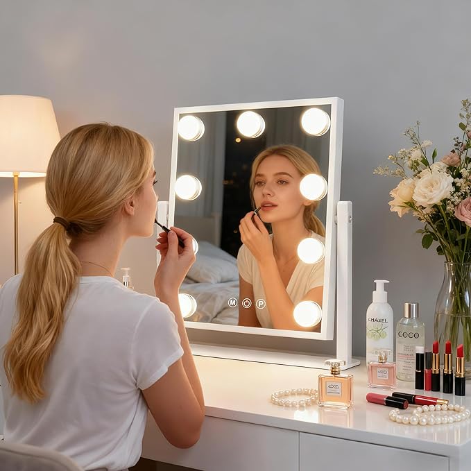 Makeup mirror with lights,Hollywood Vanity Mirror with 9 LED Bulbs，12" x 13.2" Plug in Makeup Mirror for Desk,Smart Touch Control 3Colors Dimmable, light up mirror for makeup,Bedroom,Tabletop,White