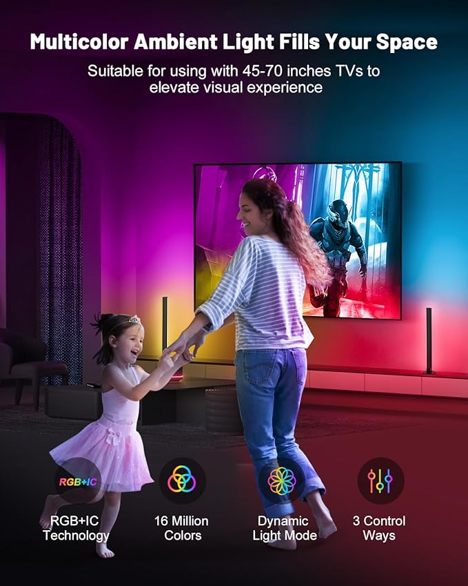Smart RGB+IC LED Light Bars, 15 Inch Gaming Lights for TV Backlight, Color Changing Lights with Music Sync, 16 Million Colors, Works with Alexa & Google Assistant, 44 Dynamic Modes for TV Monitor Room