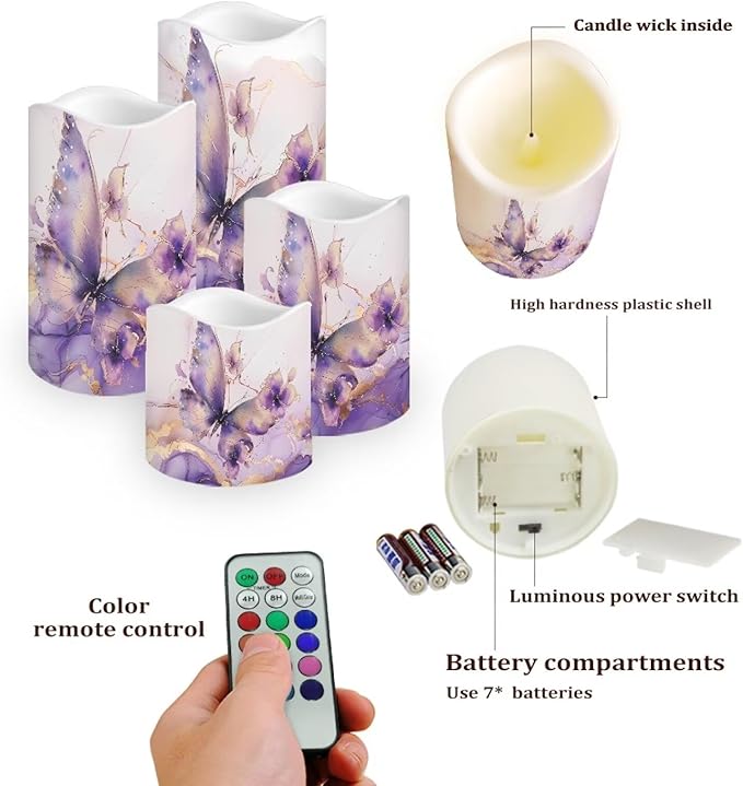 Purple Butterfly Marble Flickering Flameless Candles with Remote LED Pillar Candles Battery Operated with Timer Color Changing Electric Candles Decoration
