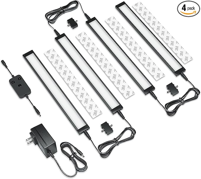 EShine 4 Pack 12 inch Black Smart Dimmable LED Under Cabinet Lighting Kit Compatible with Alexa, Google - Warm White (3000K)