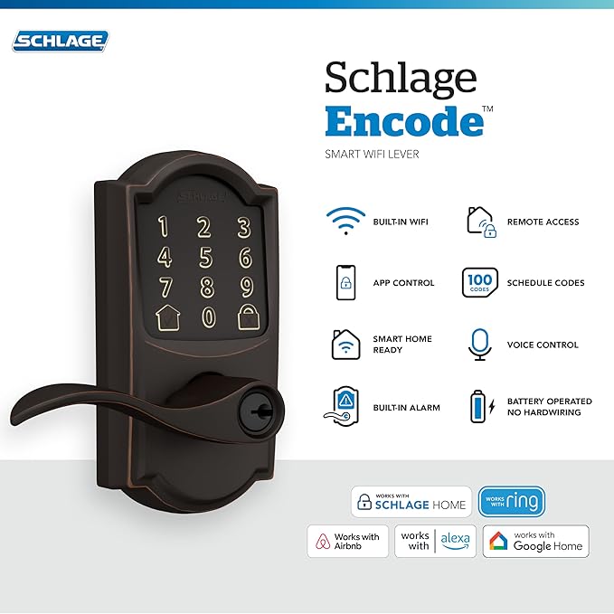Schlage Encode Smart Wi-Fi Lock with Lever Handle, Touchscreen Keypad, Keyless Entry Door Lock, App Control, Alexa, Google Home and Airbnb Compatible, Aged Bronze, FE789WB CAM 716 Acc