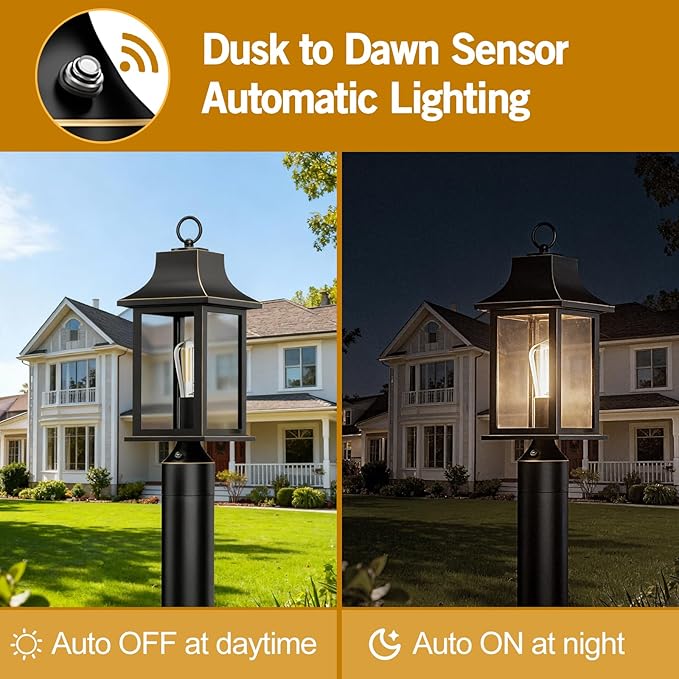 Dusk to Dawn Outdoor Post Light, 19.29″ Matte Black Lamp Post Light Fixture with Pier Mount Base, Hardwired Waterproof Aluminum Pole Light for Garden Yard Patio Driveway,2-Pack