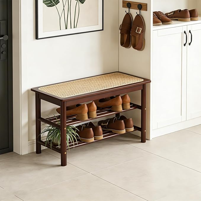 latifolia Shoe Rack Bench, 3-Tier Bamboo Shoe Bench with Breathable Rattan Seat Cushion, Shoe Storage Rack for Entryway(Walnut,23.62''L)
