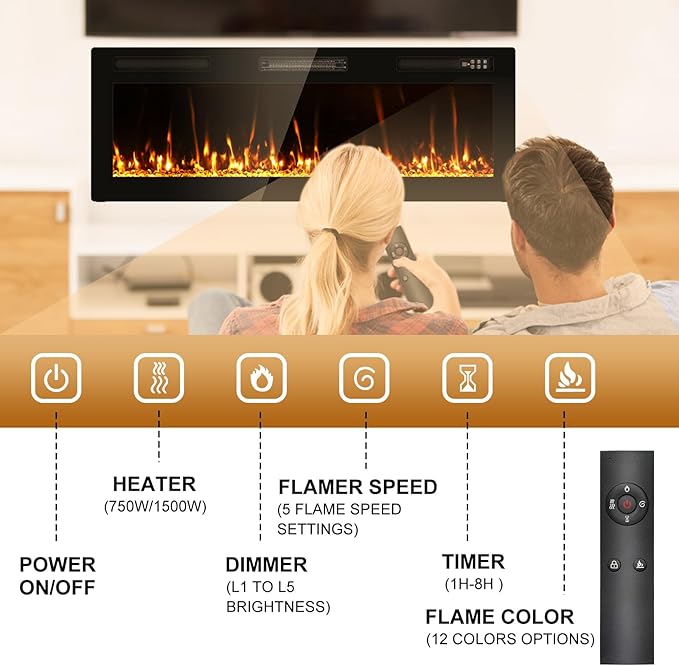 2025Upgraded 50” Electric Fireplace Recessed and Wall Mounted Fire Places Ultra Thin Narrow Beleze with Remote Control, Screen Control, Adjustable Flame Colors and Speed