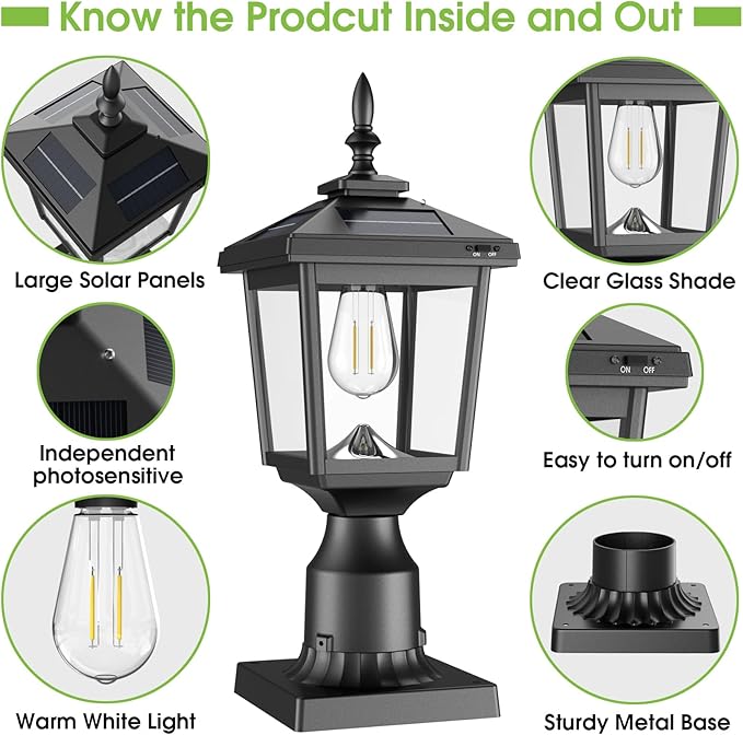 Greluna Solar Post Light Outdoor, 60 Lumens Dusk to Dawn Lamp Post Light, Solar Powered & Waterproof, Fits 6x6 Wooden Posts, 3 Inch Poles, for Garden, Pathway, Driveway, Fence & Yard（Warm White）