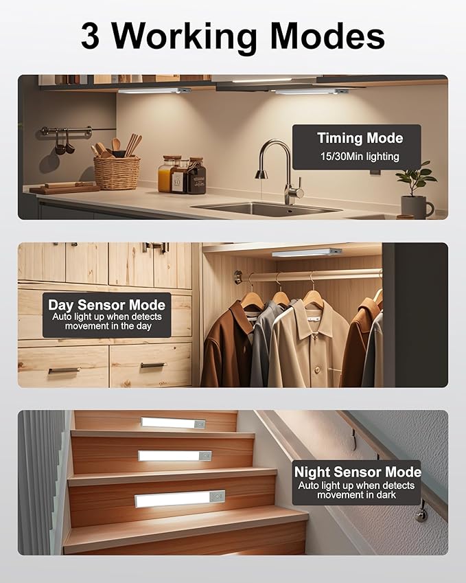 Diomart Wireless Under Cabinet Lighting with Motion Sensor, Dimmable LED Closet Lights, 1500mAh Rechargeable Battery, Magnetic Mount for Kitchen, Stairs, Closet - 3Pack