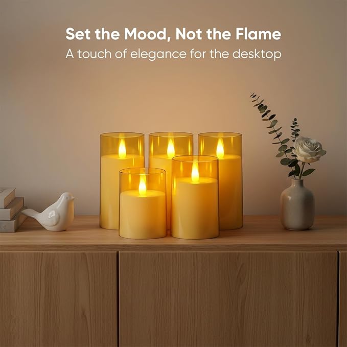 Amagic 3"×4" 5" 6" 6" 6" Gold Flameless Candles with Remote and Timer, Realistic Flickering Battery Operated Acrylic Led Fake Candles for Home Wedding Party Fall Christmas Decor, Set of 5