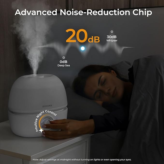 BOXING 3L Cool Mist Humidifier, Ultra Quiet 20dB for Bedroom, Baby & Office, Top Fill Air Humidifier for Home Office & Indoor Plants, 30H Runtime, Essential Oil Tray, Night Light, BPA-Free, White