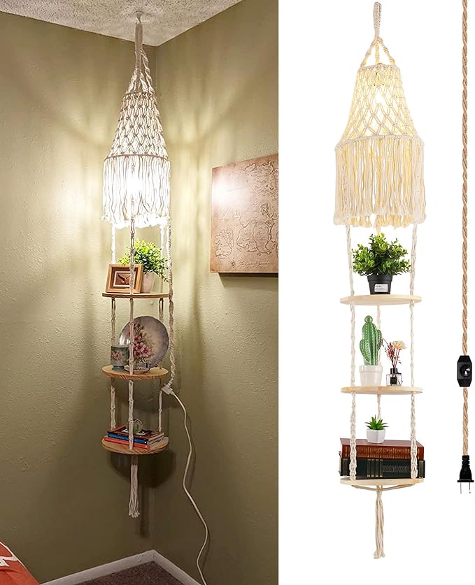 Boho Plug in Pendant Light Hanging Light with Plug in Cord,Dimmable Switch Hanging Lamp Macrame Lamp Shade and Plant Holder Shelf Indoor for Bohemian Decor Bedroom Corner Living Room