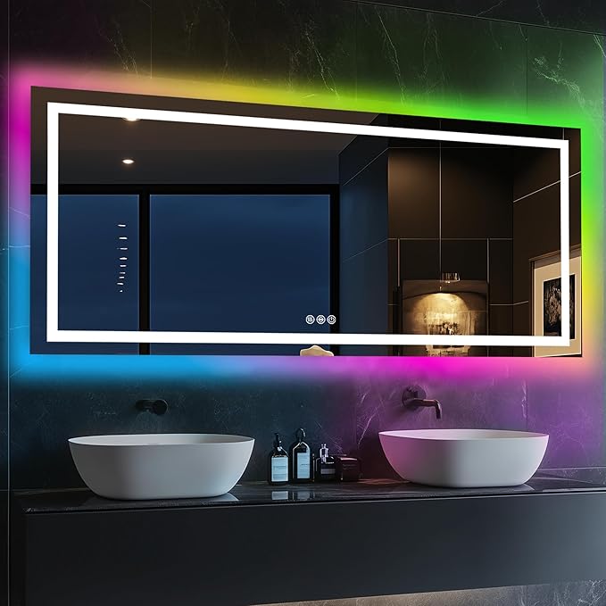 Antok 28"x 60" LED Bathroom Mirror with Lights, Anti-Fog, Dimmable, Lighted Vanity Mirror with Tempered Glass, Memory Function, 11 Light Modes, Safe Use, Horizontal, Vertical, Wall Mount
