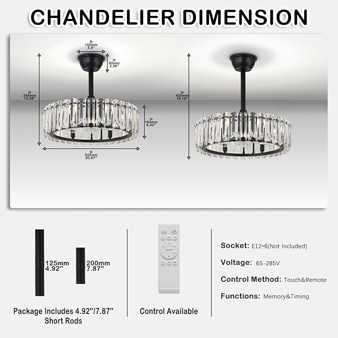 Finktonglan Crystal Ceiling Fans with Lights and Remote, 20 inch Modern Fandelier Ceiling Fan with Light Adjustable Height Chandelier Fan for Dining Room Living Room Kitchen, Black