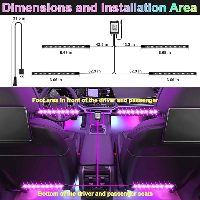 Car Interior Lights, 5V LED Strip Lights with USB Adapter, Ambient Lighting Car Accessories, App & Remote Control Music Sync Color Change Lights for Truck Car Decor (36LED Beads)