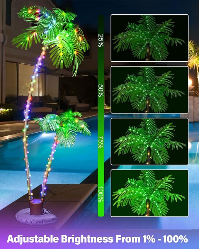 7FT Smart LED Artificial Palm Tree with App Control - DIY Color Changing Outdoor Palm Tree with Music Sync, Timer & Remote - Waterproof Pre-Lit Tropical Decor for Patio Pool Party Tiki Bar, 2 Trunks