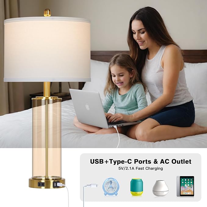 26" Glass Table Lamp Single, 3-Way Dimmable Touch Control Living Room Lamp with USB C+A Ports & AC Outlet, Modern Bedside Lamps, Bedroom Lamps for Nightstand Side End Table Desk, Brown-1PK