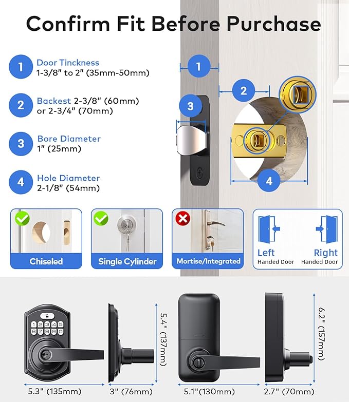 TEEHO TE019 Smart Keyless Entry Door Lock with Handle, App Control, Digital Electronic Keypad, Remote One-Time Code Sharing, Auto Lock & Passage Mode, for Bedroom & Rental, Matte Black